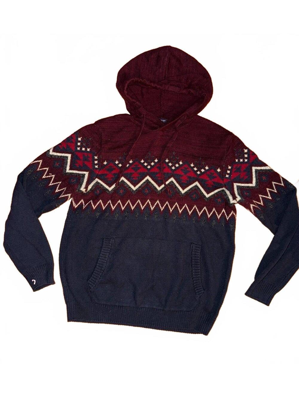 American eagle soft af Men's maroon Aztec Fair Isle Knit Hoodie Sz L preppy fall